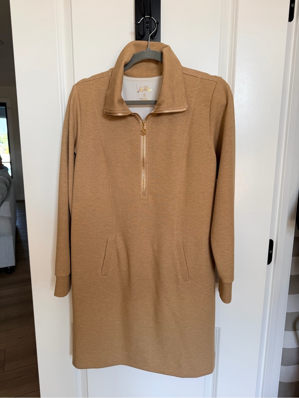 Lilly Pulitzer Camel Quarter-Zip Sweatshirt Dress - S - NWOT